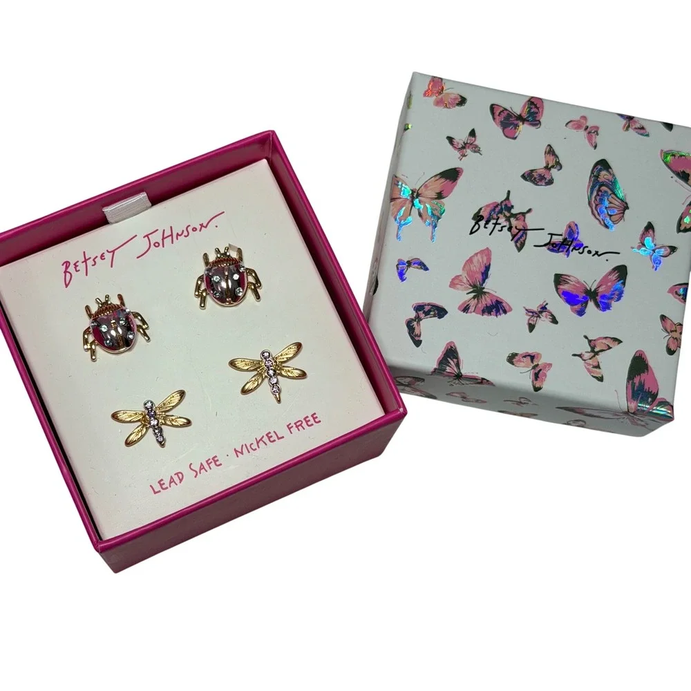 Betsey‎ Johnson ladybug and dragonfly studs earrings set